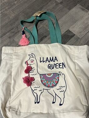 Llama Queen Canvas Tote Bag in Cream with Teal Handles